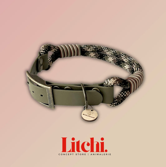 Collier bi-matière BioThane® kaki et Paracorde camouflage