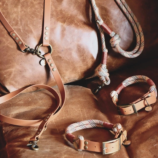 Collier bi-matière BioThane® marron et Paracorde tartan