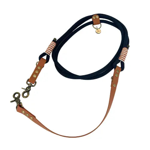 Laisse 3 positions bi-matières pour chien – Bleu Marine et Marron