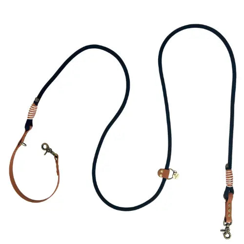 Laisse 3 positions bi-matières pour chien – Bleu Marine et Marron