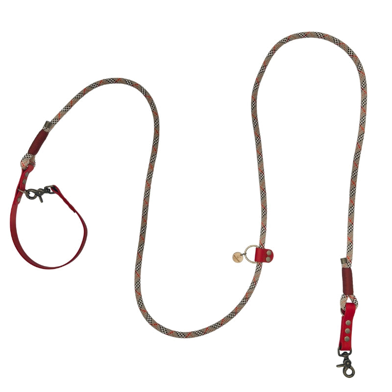 Laisse 3 positions bi-matières pour chien – Tartan et Rouge