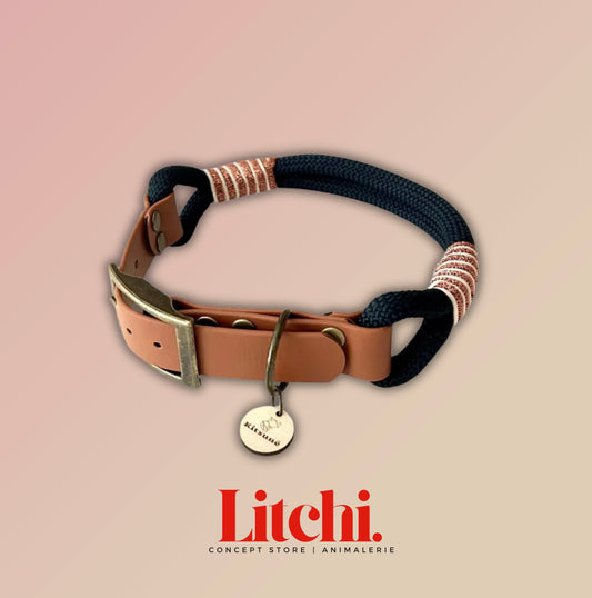 Collier bi-matière BioThane® marron et Paracorde bleu marine