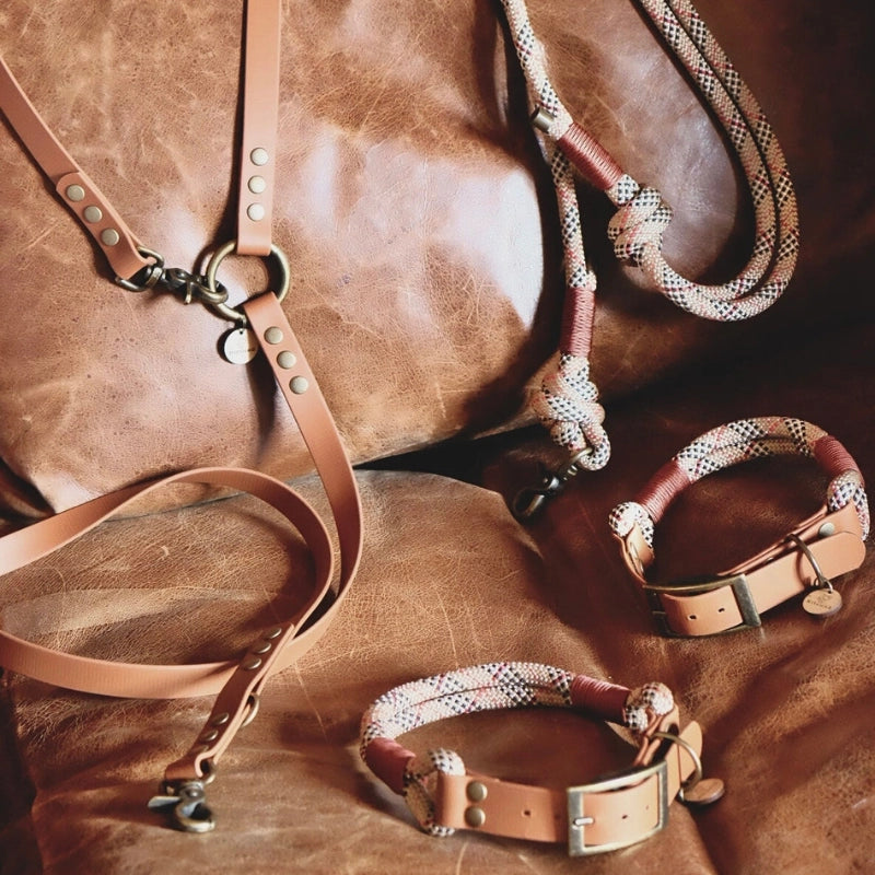 Collier bi-matière BioThane® marron et Paracorde tartan
