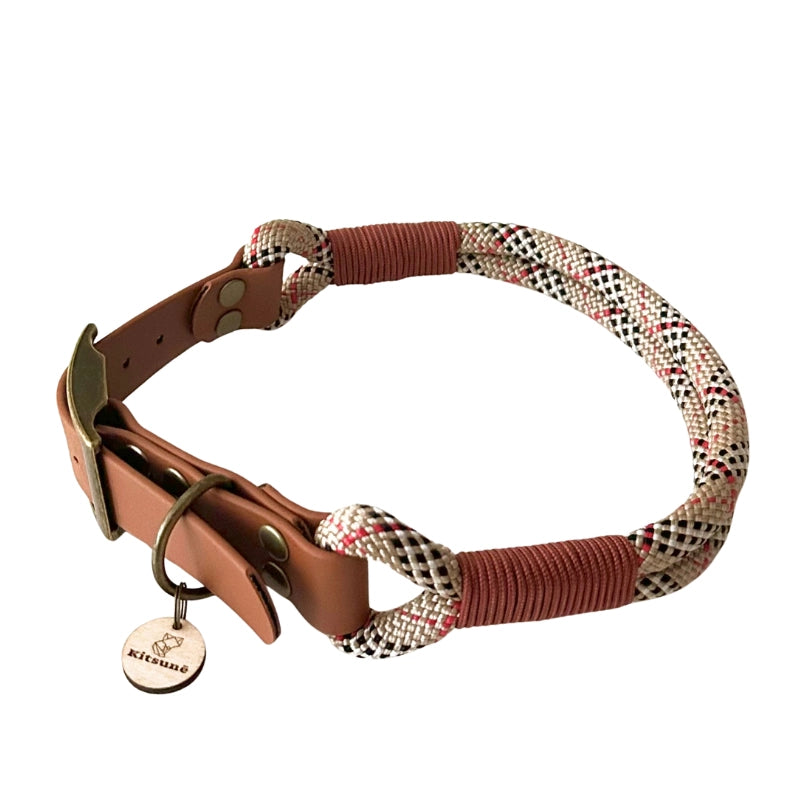 Collier bi-matière BioThane® marron et Paracorde tartan