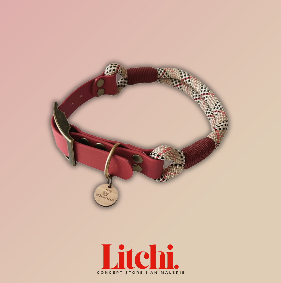 Collier bi-matière BioThane® rouge et Paracorde tartan