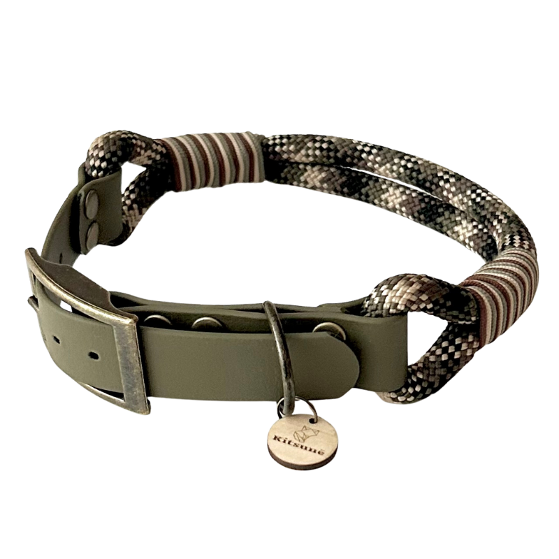 Collier bi-matière Biothane kaki et Paracorde camouflage