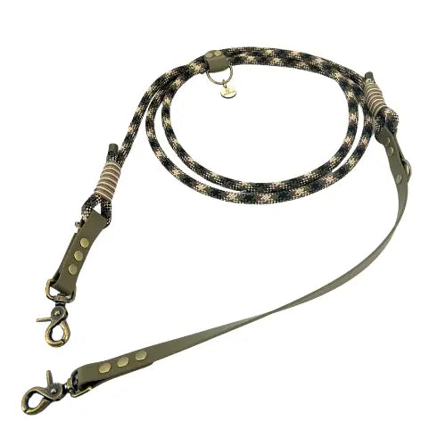 Laisse 3 positions bi-matières pour chien – Kaki et Camouflage