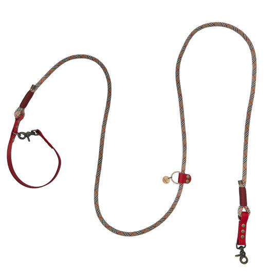 Laisse 3 positions bi-matières pour chien – Tartan et Rouge