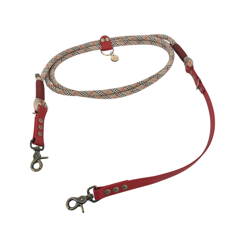 Laisse 3 positions bi-matières pour chien – Tartan et Rouge