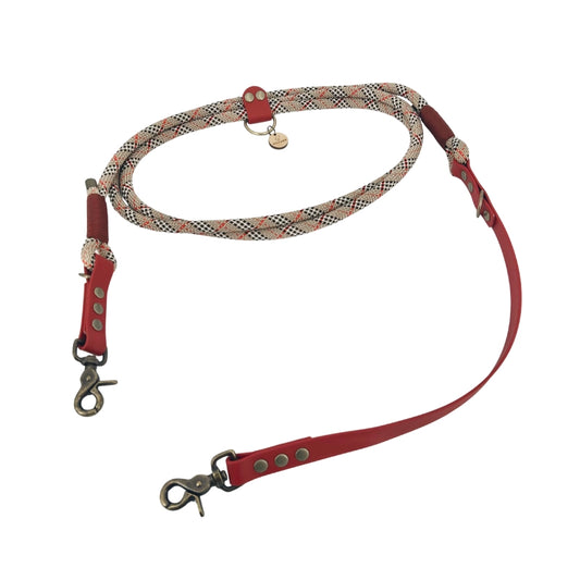 Laisse 3 positions bi-matières pour chien – Tartan et Rouge