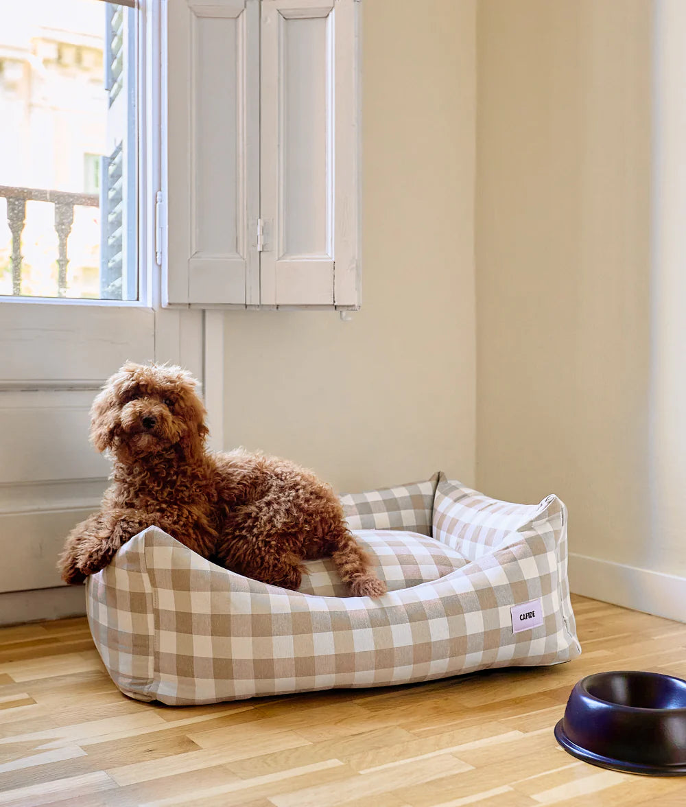 Lit pour chien amovible, durable et écoresponsable - Vichy Beige
